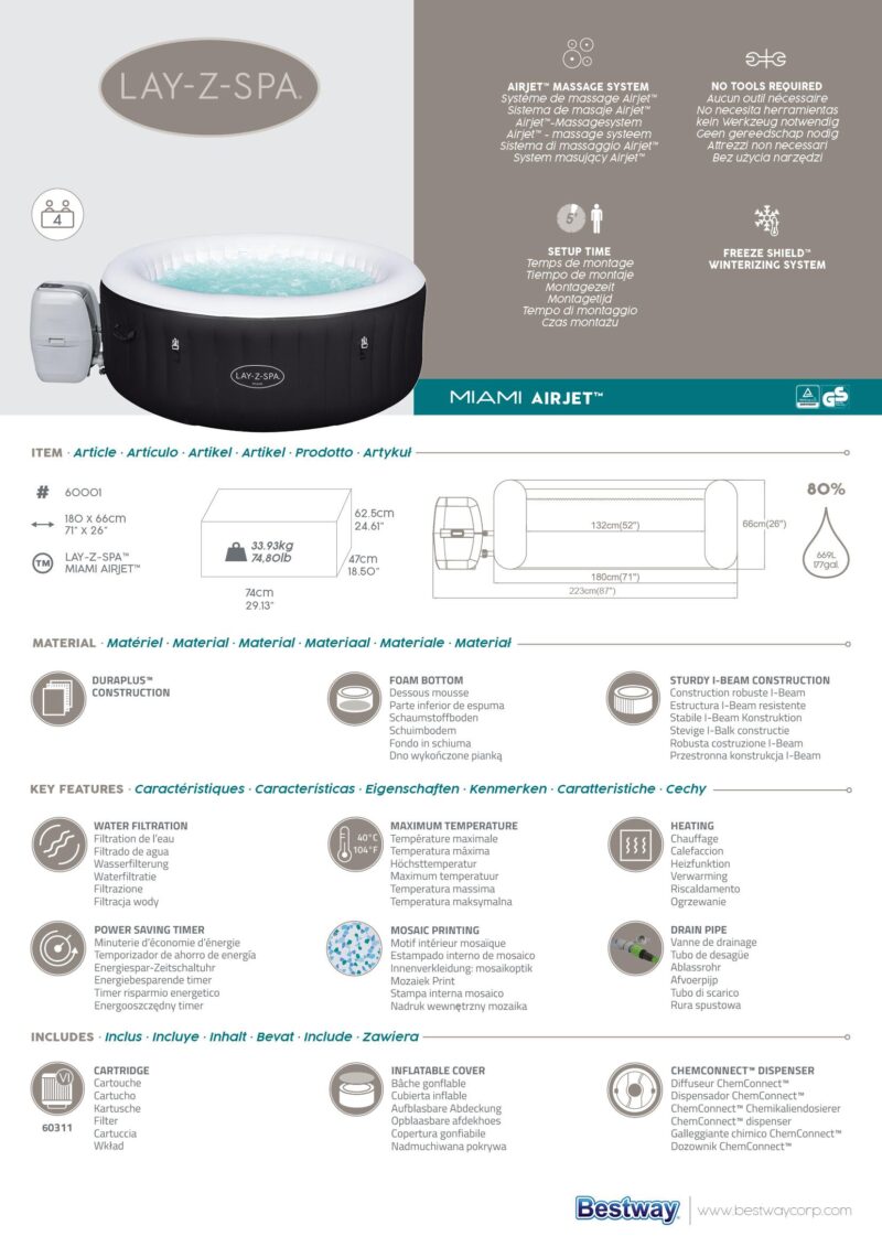 Bestway Lay-Z-Spa sūkurinis baseinas MIAMI 60001 - Image 13